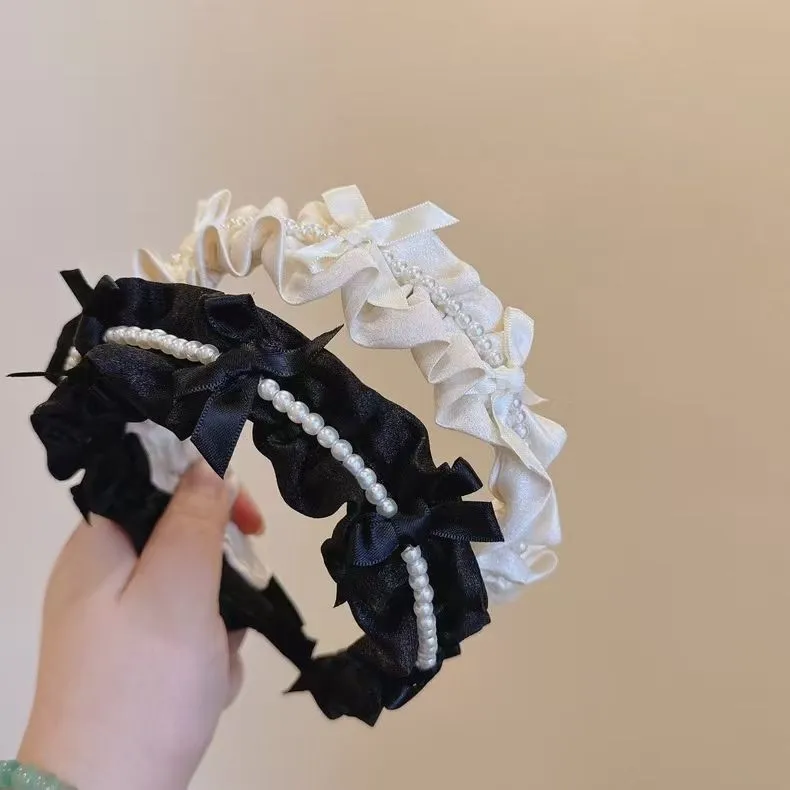 Elegant Black Satin Wide Headband – Pleated Pearl Embellished Hair Hoop, Non-Slip Versatile Hair Accessory for Women, Daily Wear & Face Washing